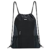 WANDF Drawstring Backpack Sports Gym Sackpack with Mesh Pockets Water Resistant String Bag for Women Men Children (Black)