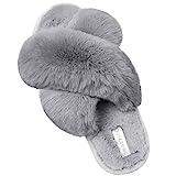 JIASUQI Women's Cross Band Fuzzy House Slippers Soft Plush Furry Faux Fur House Indoor Outdoor Slippers for Women Grey 8-9